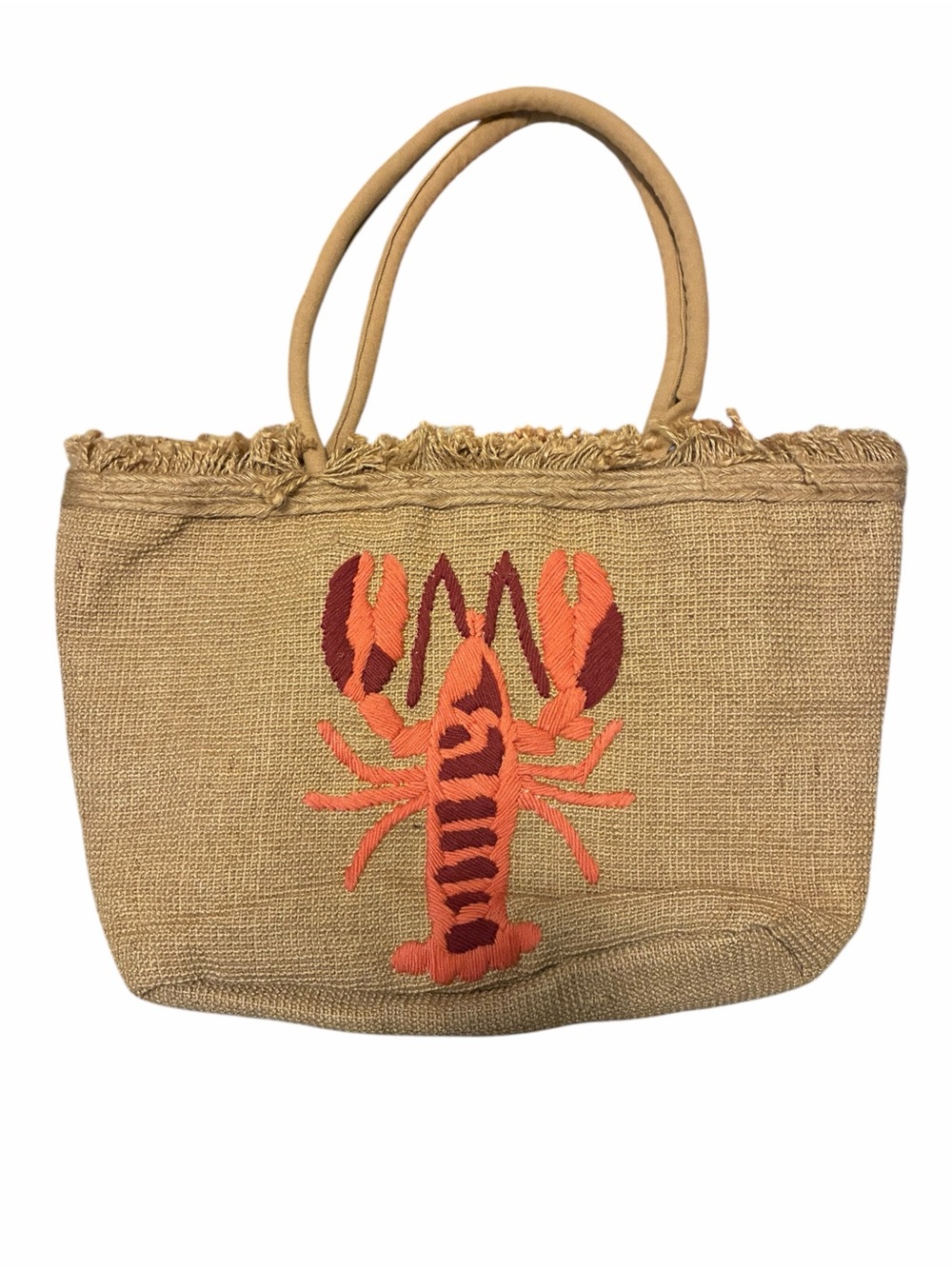 America & Beyond Embroidered Lobster Large Jute Tote Bag